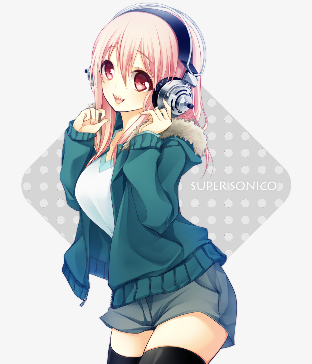 headphones, nitroplus, pink_hair, red_eyes, shiro_mayu, shorts, solo, sonico