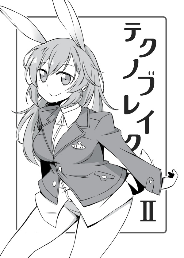 bunny_ears, charlotte_e_yeager, long_hair, military, military_uniform, monochrome, panties, smile