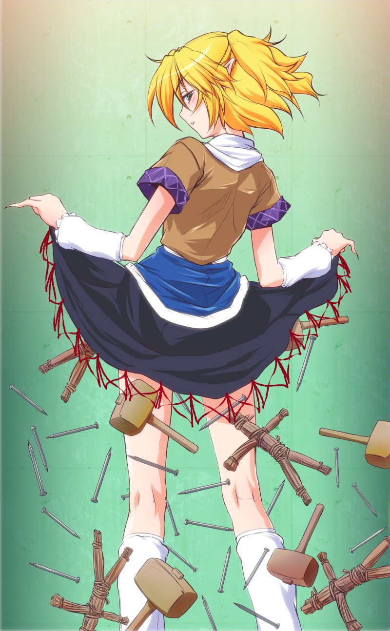 arm_warmers, bakemonogatari, dress, dress_lift, fingernails, from_behind, green_eyes, half_updo