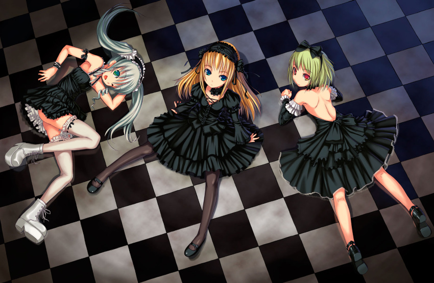 arm_garter, bare_back, bare_shoulders, black_legwear, blonde_hair, blue_eyes, boots, bosshi