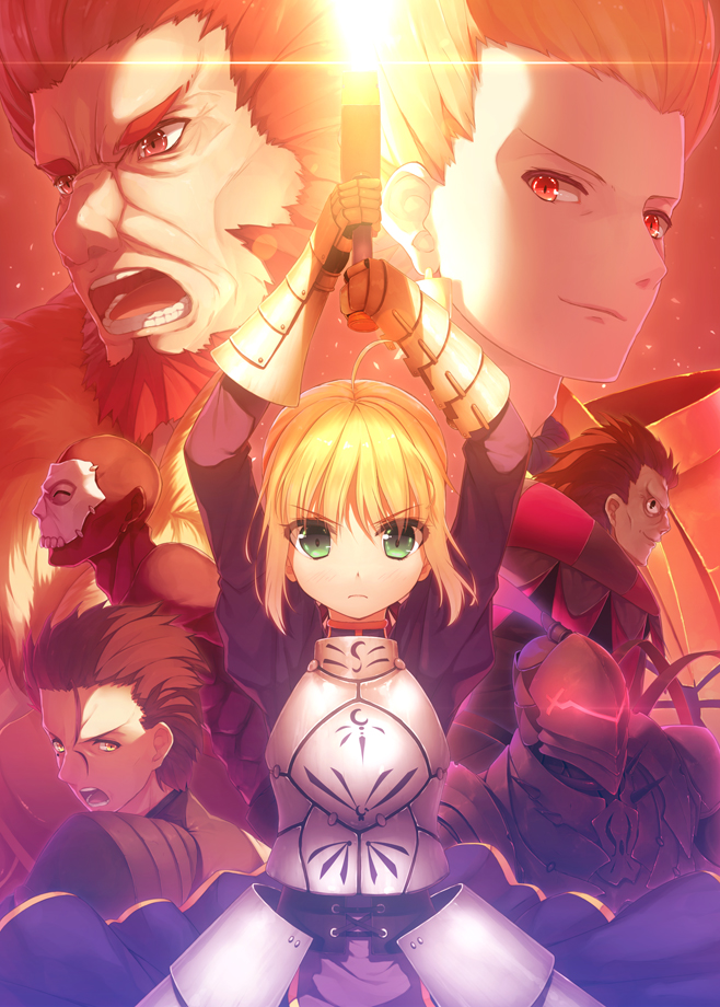 6+boys, armor, arms_up, assassin_(fate/zero), berserker_(fate/zero), beserker_(fate/zero), blonde_hair, caster_(fate/zero)