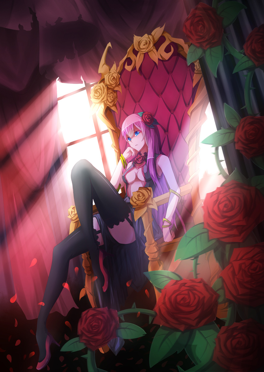 absurdres, blue_eyes, bracelet, breasts, cleavage, curtains, flower, garter_straps