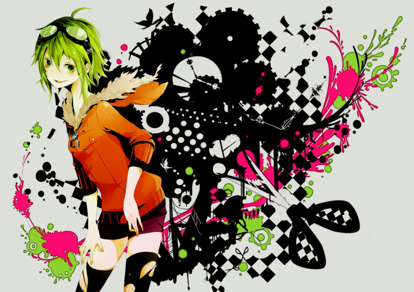 ahoge, bati15, goggles, goggles_on_head, green_eyes, green_hair, gumi, hoodie, jacket, jinsei_reset_button_(vocaloid), short_hair, shorts, sleeves_pushed_up, smile, solo, vocaloid