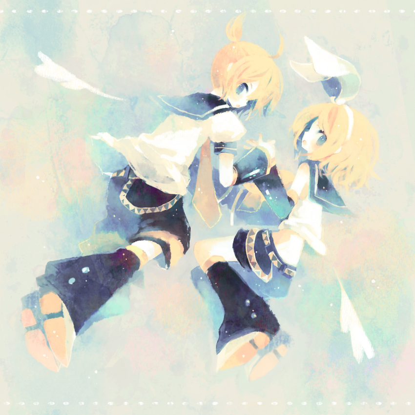 angel_wings, arm_warmers, bad_id, blonde_hair, blue_eyes, blush, hairband, hand_holding