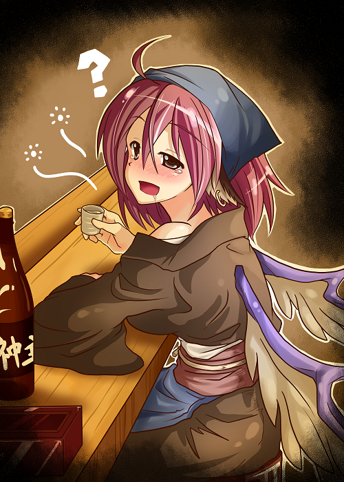 ?, animal_ears, blush, bottle, brown_dress, chair, counter, cup, dark_link_(artist), dress, drooling, drunk, ear_piercing, grey_eyes, hat, japanese_clothes, kimono, mystia_lorelei, obi, off_shoulder, okamisty, open_mouth, piercing, pink_hair, sake, sake_bottle, sash, sitting, solo, tears, touhou, translated, wings