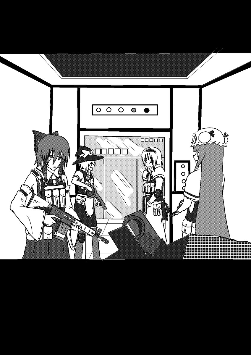 alice_margatroid, call_of_duty, call_of_duty:_modern_warfare_2, elevator, gun, hakurei_reimu, highres, kirisame_marisa
