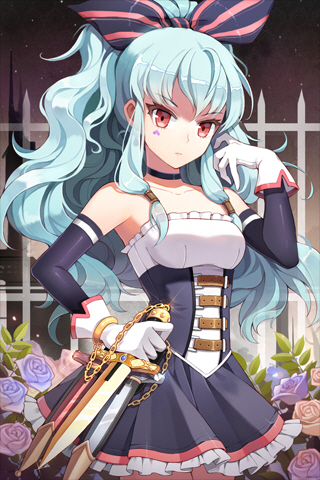 arm_up, arm_warmer, arm_warmers, blue_hair, bow, bracelet, buckle, chain, chains, choker, dress, fence, flower, frills, gilse, gloves, jewelry, knife, linus_falco, long_hair, low_twintails, lowres, red_eyes, rose, scabbard, sheath, solo, strapless_dress, striped, sword_girls, wavy_hair, weapon