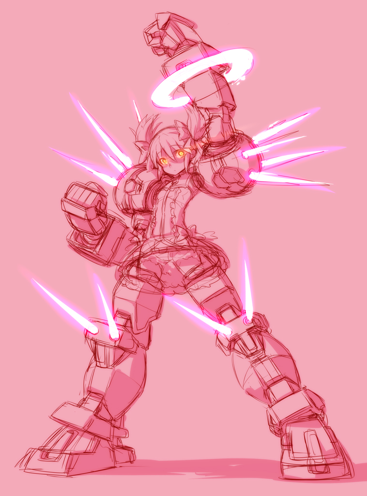 arm_up, bow, bubble_skirt, clenched_hand, dress, fusion, gundam, gundam_age