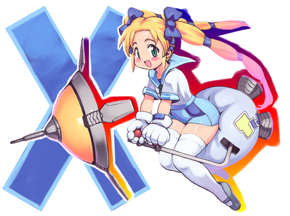 :d, blonde_hair, blush, bow, gloves, green_eyes, hair_bow, hair_ribbon
