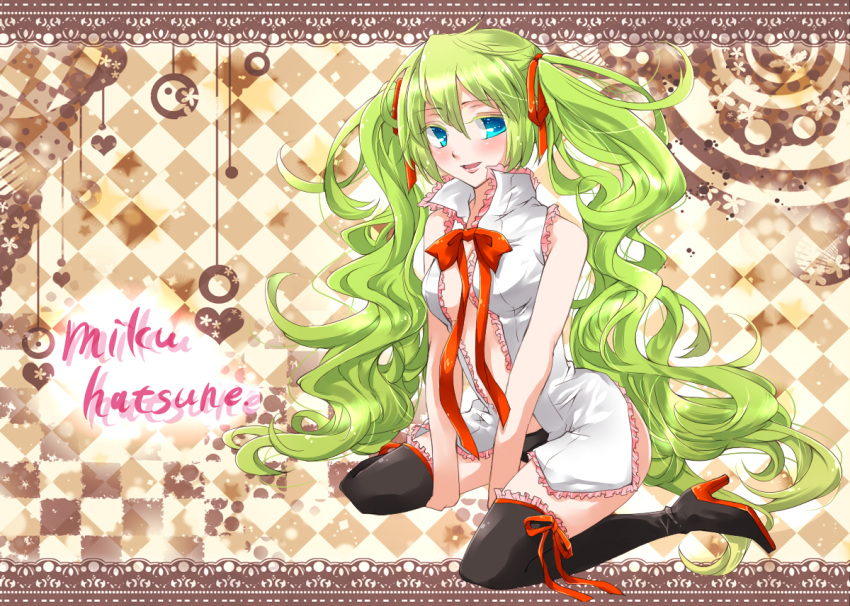 aqua_eyes, boots, checkered, checkered_background, ginshachi, green_hair, hair_ribbon, hatsune_miku