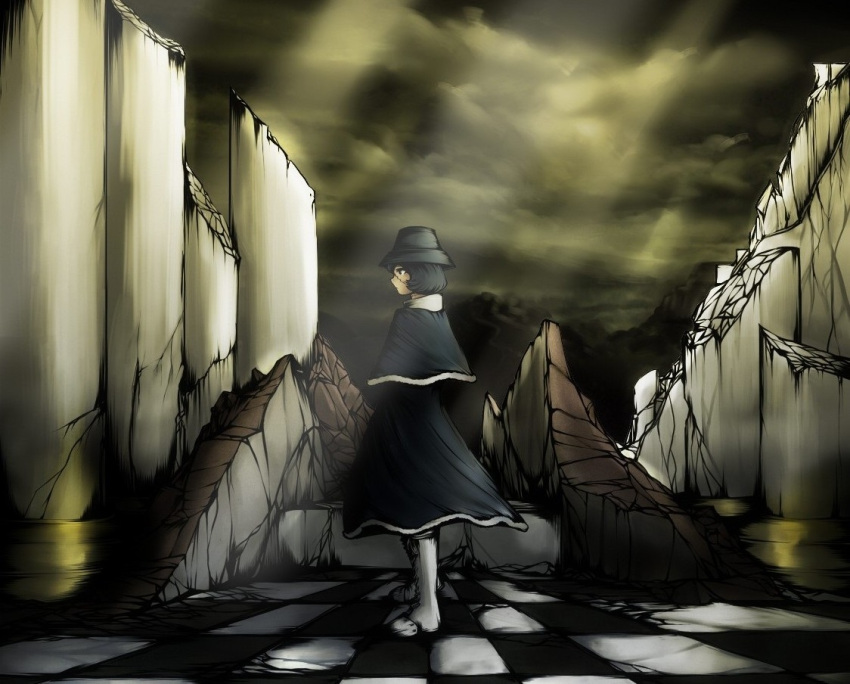 black_hair, boots, clouds, franken_fran, hat, jpeg_artifacts, madaraki_veronica, short_hair