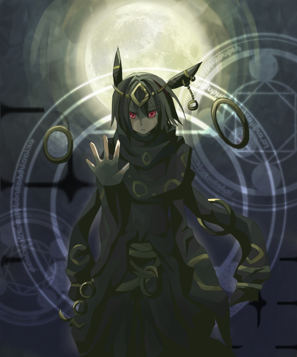 animal_ears, artist_request, black_hair, costume, jewelry, magic, magic_circle, moemon