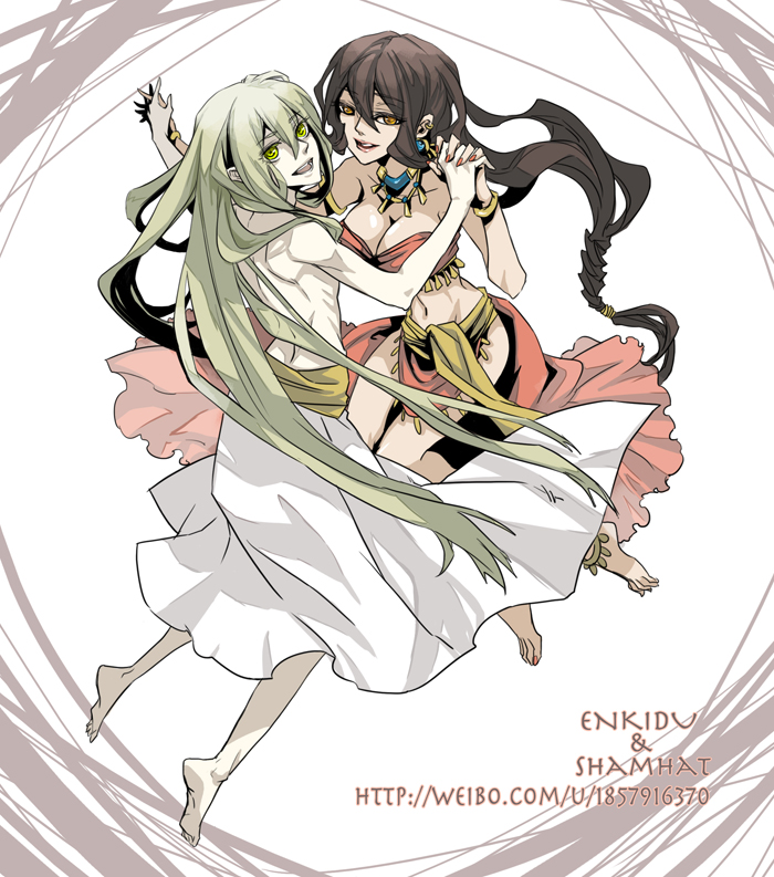 1girl, anklet, barefoot, bracelet, braid, breasts, brown_hair, character_name, dancing, darkwinslow, enkidu_(fate/strange_fake), fate/stay_night, fate/strange_fake, fate_(series), feet, green_eyes, green_hair, holding_hands, interlocked_fingers, jewelry, large_breasts, long_hair, nail_polish, necklace, shamhat, signature, smile