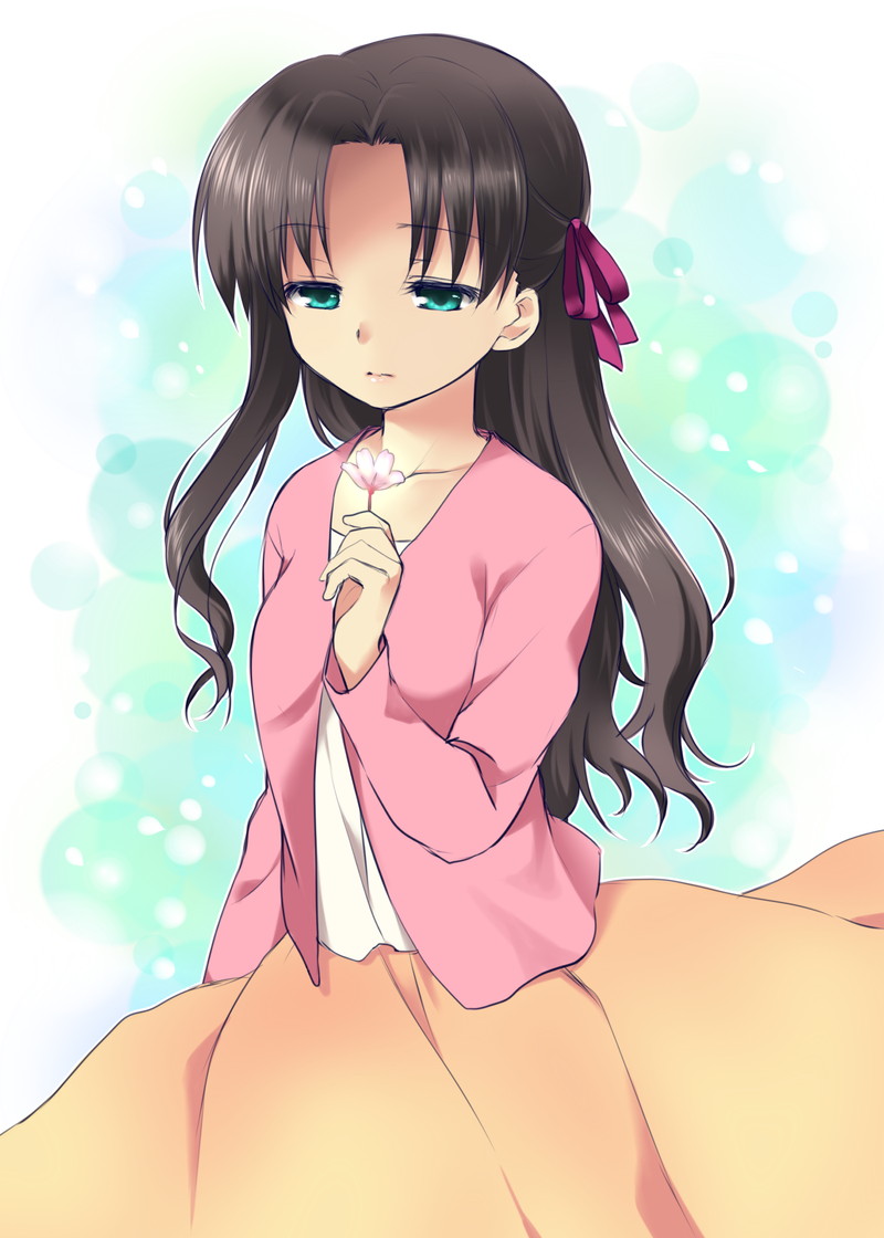 1girl, aqua_eyes, brown_hair, cosplay, fate/stay_night, fate_(series), flower, hair_ribbon