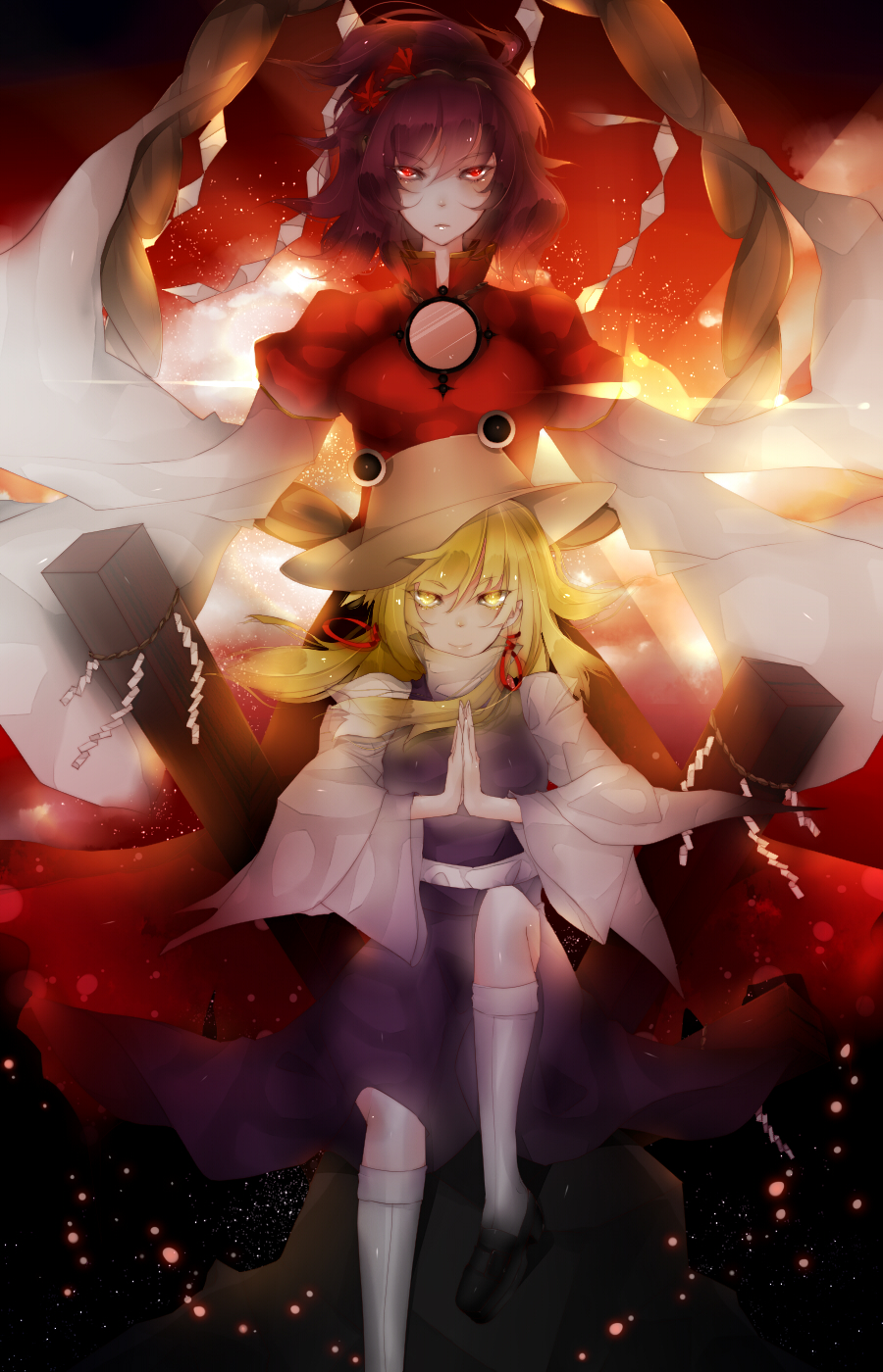 2girls, aymmogh, bad_id, blonde_hair, eyebrows_visible_through_hair, hair_ornament, hair_ribbon, hands_together
