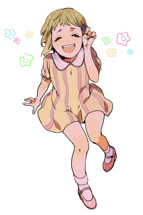 arm_support, blonde_hair, closed_eyes, dress, eyes_closed, flower, footwear, hair_flower, hair_ornament, huang_baoling, laughing, legs, mary_janes, mikkabouzu_(kisarisa), open_mouth, pink_shoes, shoes, short_dress, short_hair, simple_background, sitting, smile, socks, solo, striped, striped_dress, tiger_&amp;_bunny, white_legwear, yellow_dress