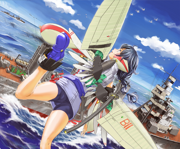 abukuma_(cruiser), aichi_d3a, airplane, amon_(mulciber), bad_id, bike_shorts, bird, bomber