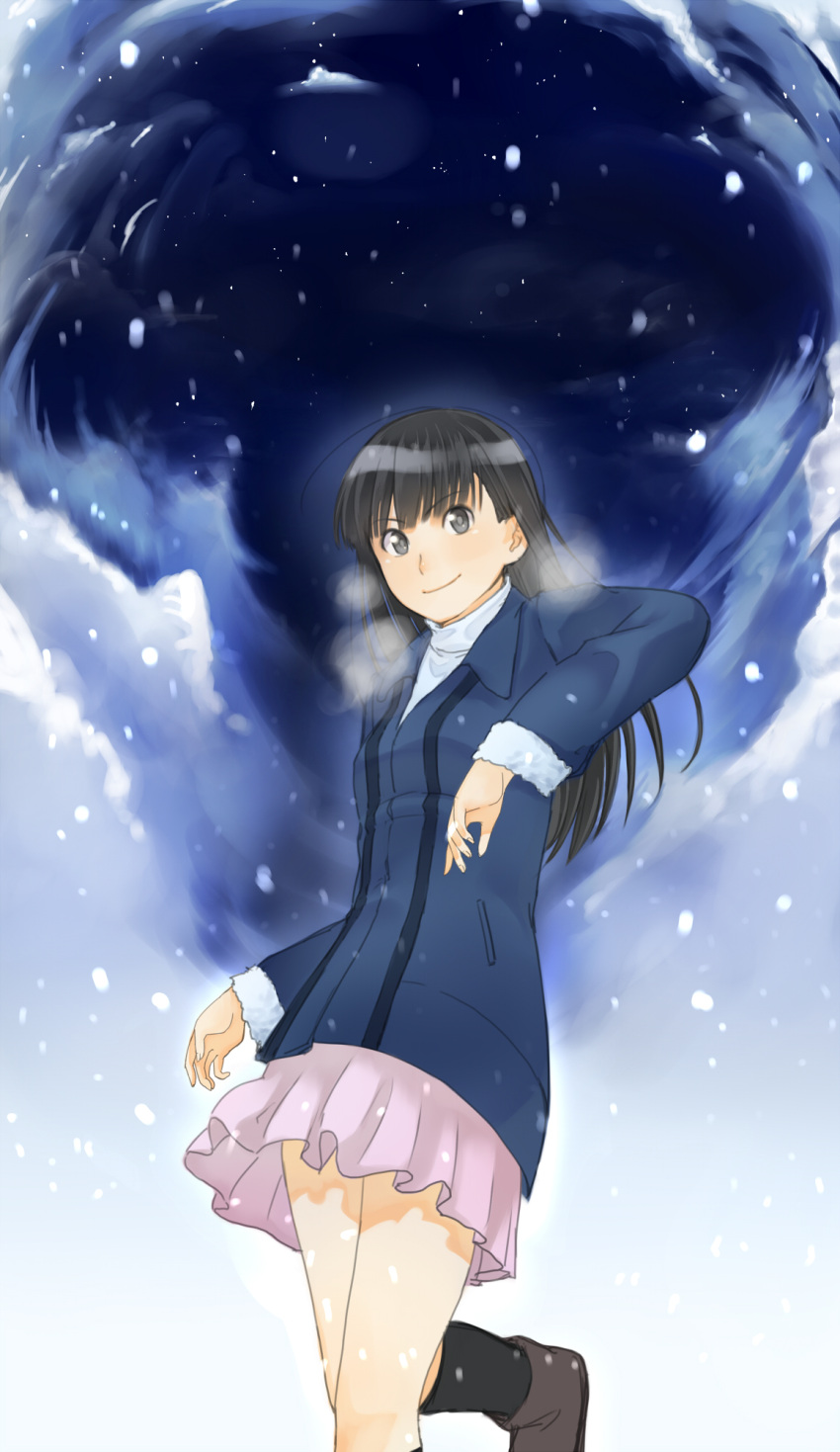 1girl, amagami, ayatsuji_tsukasa, black_eyes, black_hair, boots, breath, cloud