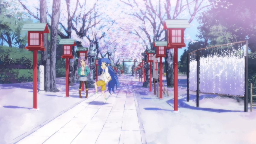 bloom, blue_eyes, blue_hair, boots, cherry_blossoms, eunos, foreshortening, green_eyes