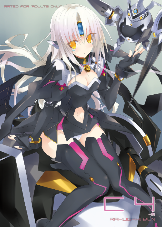 black_legwear, boots, breasts, cleavage, code_nemesis, elsword, eve, eve_(elsword), long_hair, mecha_musume, original, panties, pantyshot, robot, solo, thigh-highs, thigh_boots, thighhighs, underwear, white_hair, yellow_eyes, yudesoba