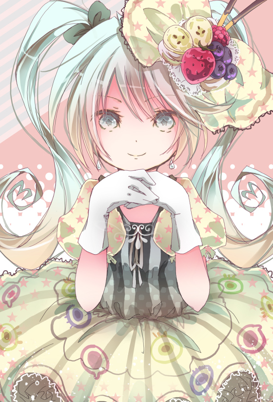 aqua_eyes, aqua_hair, bad_id, flower, food, food_as_clothes, fruit, hair_flower