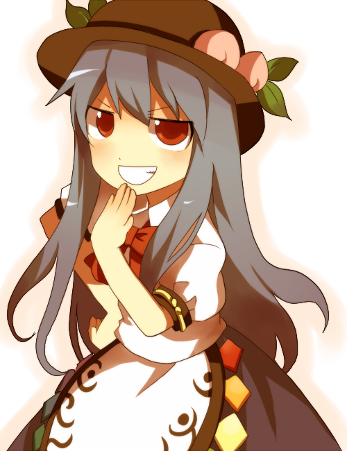 1girl, blue_hair, food, fruit, grinning, hand_to_mouth, hat, hinanawi_tenshi