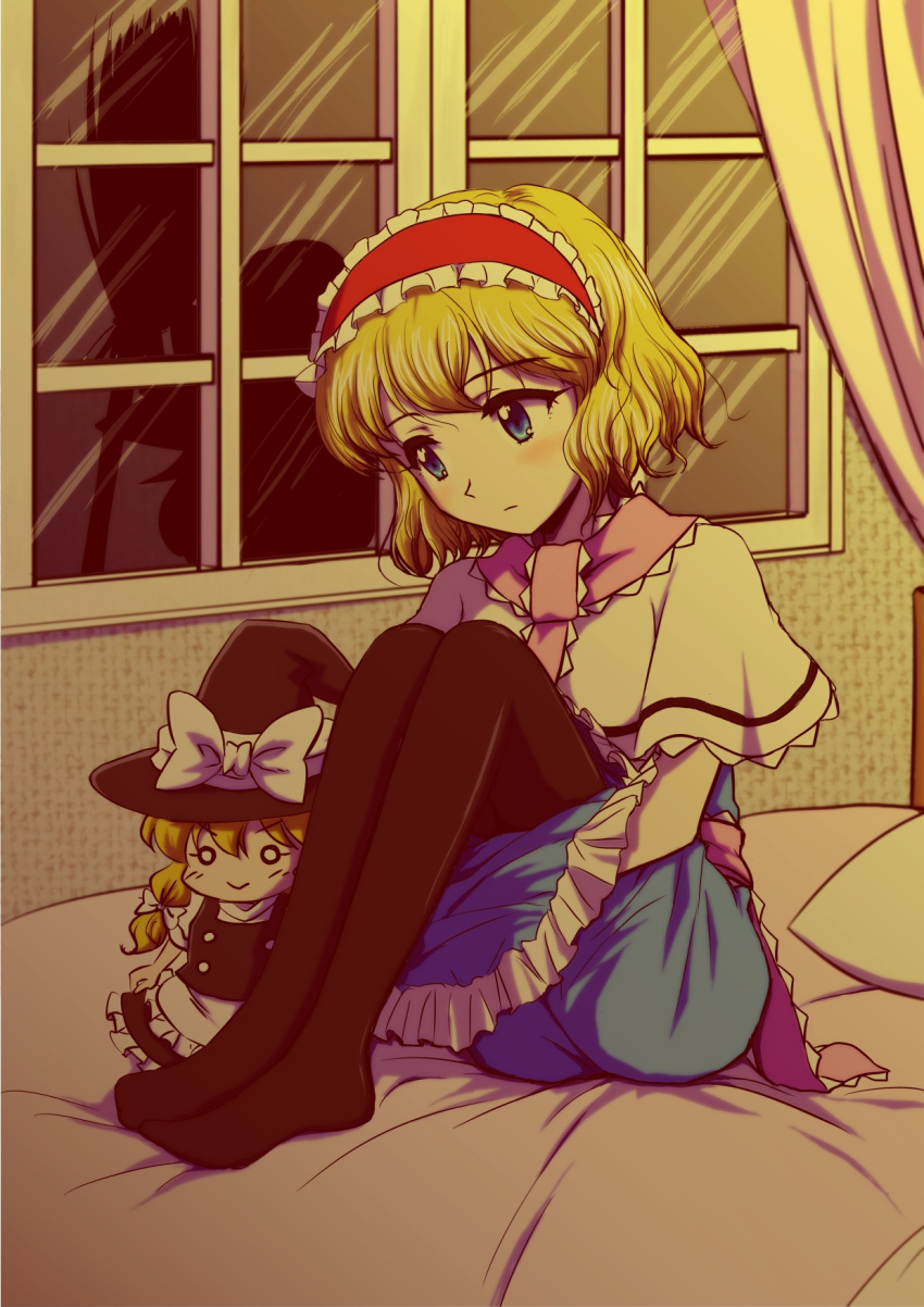 :>, alice_margatroid, bed, black_legwear, blonde_hair, blue_hair, blush, broom, capelet, character_doll, greatestwashi, hairband, highres, kirisame_marisa, leg_hug, o_o, pantyhose, sad, short_hair, silhouette, sitting, solo, touhou, window