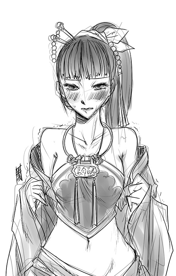 antaria, bare_shoulders, blush, chinese_clothes, du_dou, hair_ornament, monochrome, original