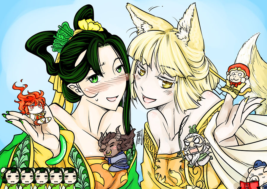 annotation_request, antaria, bare_shoulders, blush, character_request, chibi, fan, fox_ears, fox_tail, green_eyes, hong_hai-er, journey_to_the_west, niu_mo_wang, open_mouth, signature, sun_wukong, tail, tie_shan_gongzhu, yellow_eyes, yu_mian_gongzhu, zhu_bajie
