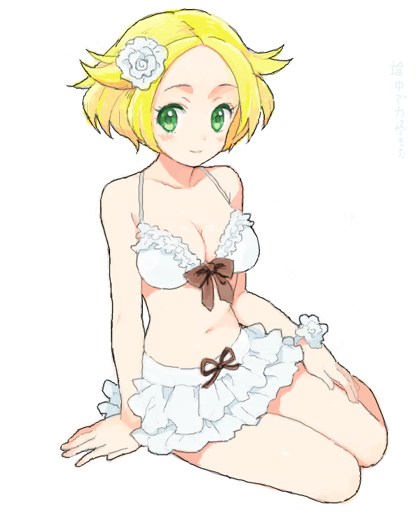 alternate_costume, bangs, bel_(pokemon), bikini, blonde_hair, blush, bow, breasts, cleavage, drawr, face, frilled_bikini, frilled_swimsuit, frills, green_eyes, hirosuke, parted_bangs, pokemon, pokemon_(game), pokemon_black_and_white, pokemon_bw, short_hair, simple_background, sitting, smile, solo, swimsuit, white_background, yokozuwari