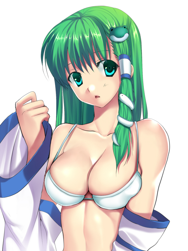 bra, breasts, bust, collarbone, detached_sleeves, frog, green_eyes, green_hair