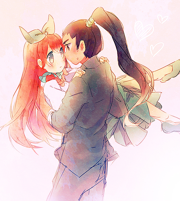 1girl, blush, brown_hair, carrying, eye_contact, green_eyes, hair_ribbon, hair_tubes
