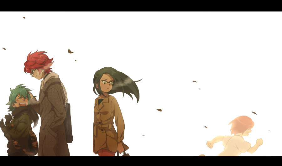 3boys, adult, breath, brother_and_sister, closed_eyes, coat, crossover, eyes_closed