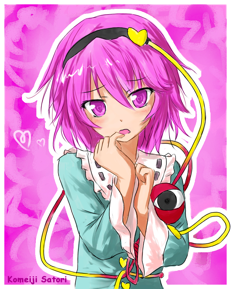 bust, eyeball, hair_between_eyes, hairband, heart, heart-shaped_pupils, komeiji_satori, open_mouth, pink_eyes, pink_hair, short_hair, solo, symbol-shaped_pupils, third_eye, touhou, zetto