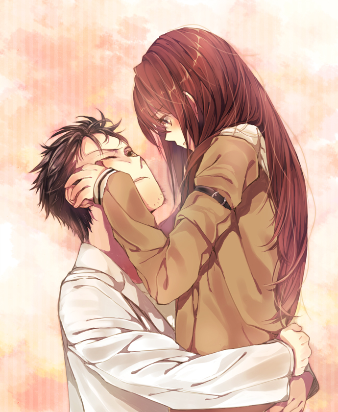 1girl, artist_request, black_hair, brown_eyes, brown_hair, couple, eye_contact, face-to-face, facial_hair, hand_on_another's_cheek, hand_on_another's_face, hand_on_another's_cheek, hand_on_another's_face, jacket, labcoat, long_hair, long_sleeves, looking_at_another, makise_kurisu, messy_hair, okabe_rintarou, open_mouth, short_hair, steins;gate, stubble, wink