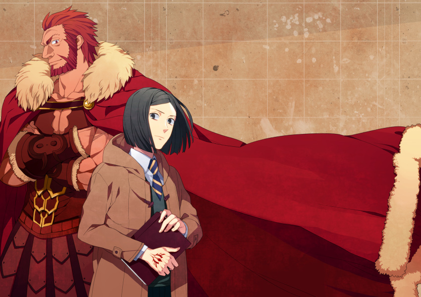 armor, bangs, beard, black_eyes, black_hair, bob_cut, cape, coat, command_spell, facial_hair, fate/stay_night, fate/zero, fate_(series), highres, karaage_(sweet), male, multiple_boys, necktie, parted_bangs, red_book, red_eyes, rider_(fate/zero), short_hair, waver_velvet