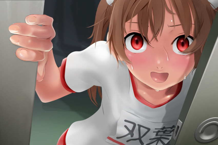 bad_id, blush, brown_hair, caught, face, gym_storeroom, gym_uniform, hands
