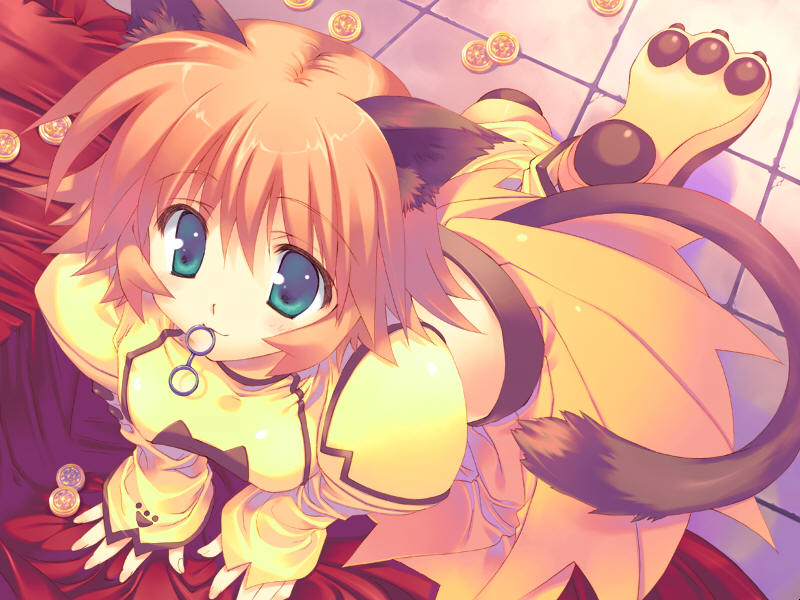 animal_ears, aqua_eyes, back, bed_sheet, blush, cat_ears, cat_tail, catgirl