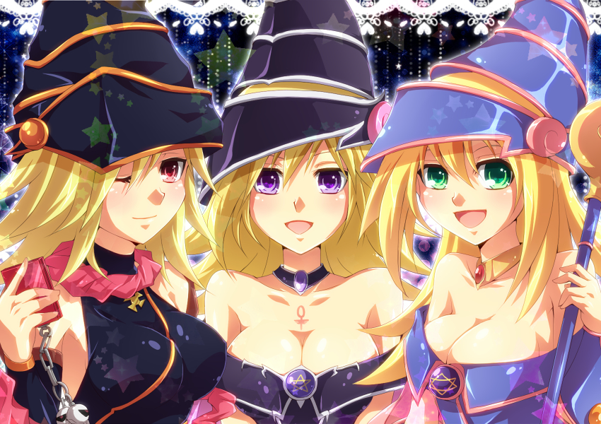 ankh, black_magician_girl, blonde_hair, book, breasts, chain, cleavage, cross