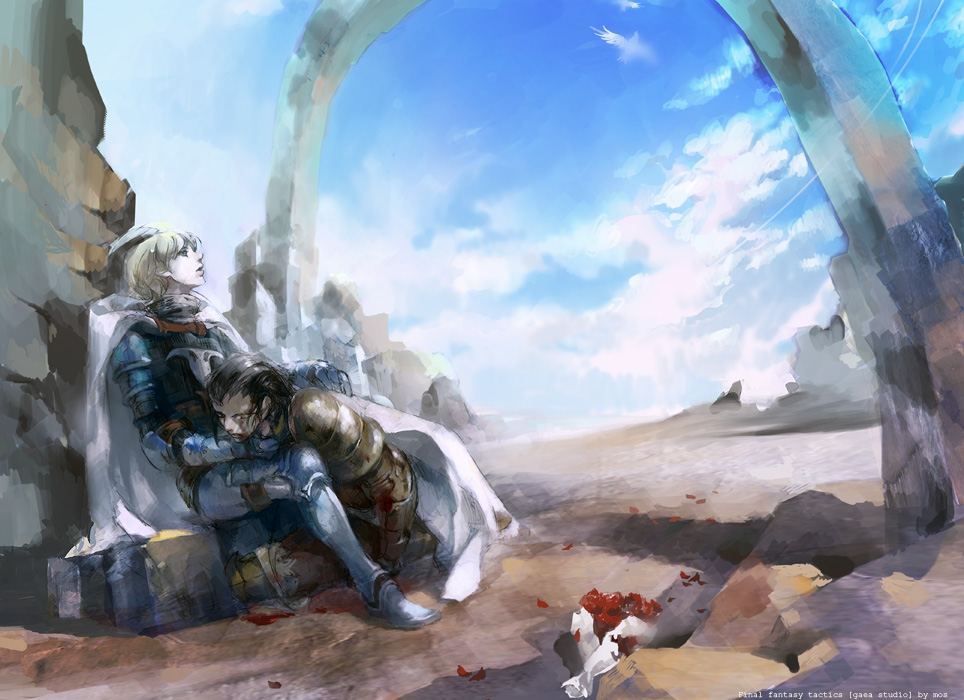 ahoge, arch, armor, blonde_hair, blood, bouquet, brown_hair, delita_heiral