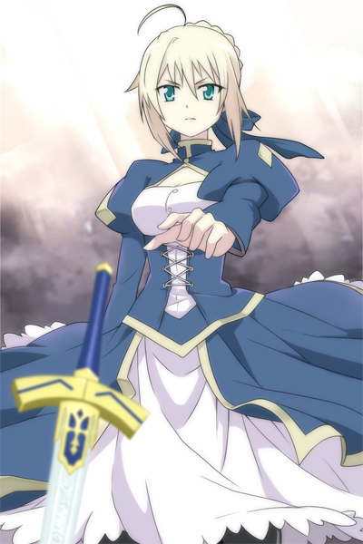 afuro_(did), ahoge, blonde_hair, blurry, depth_of_field, dress, excalibur, fate/stay_night, fate/zero, fate_(series), green_eyes, hair_ribbon, puffy_sleeves, ribbon, saber, solo, sword, weapon