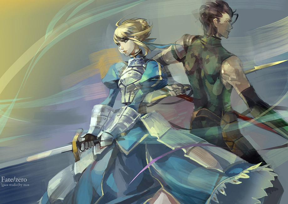 1girl, ahoge, armor, armored_dress, black_hair, blonde_hair, dress, dual_wielding