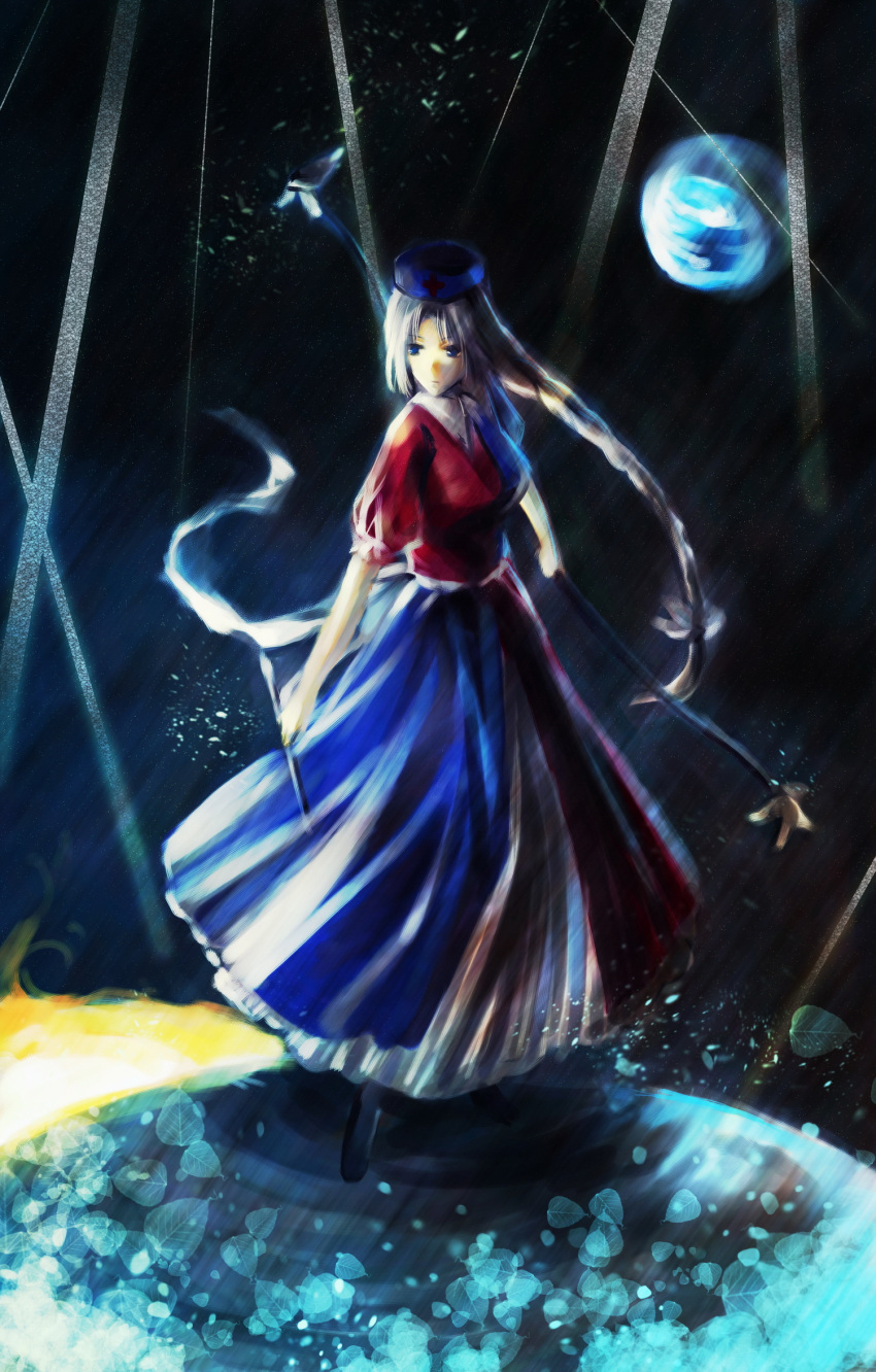 arrow, blue_eyes, blush, bow_(weapon), braid, breasts, eclps, hat, highres, leaf, long_hair, nurse_cap, short_hair, silver_hair, skirt, smile, solo, touhou, weapon, yagokoro_eirin