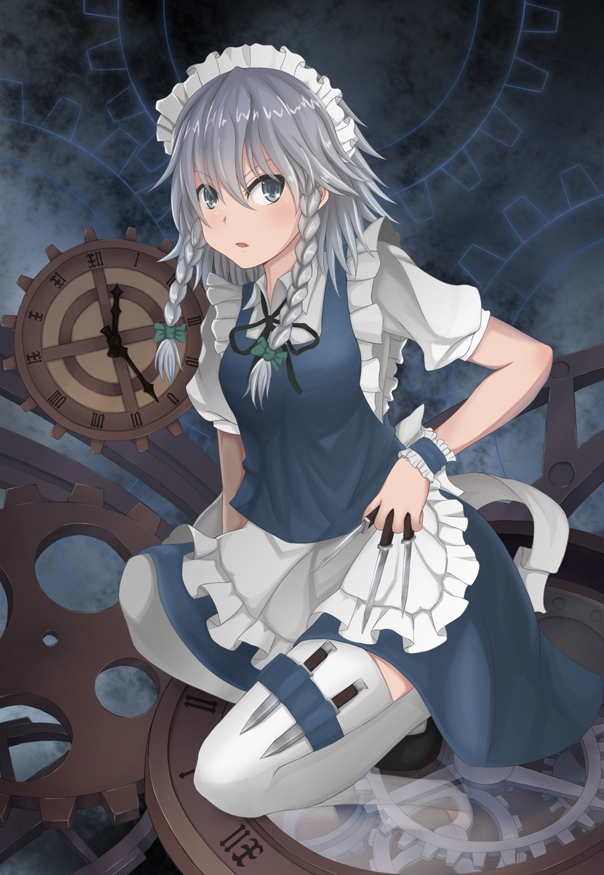 apron, between_fingers, blue_eyes, braid, clock, frilled_apron, gears, hair_ribbon