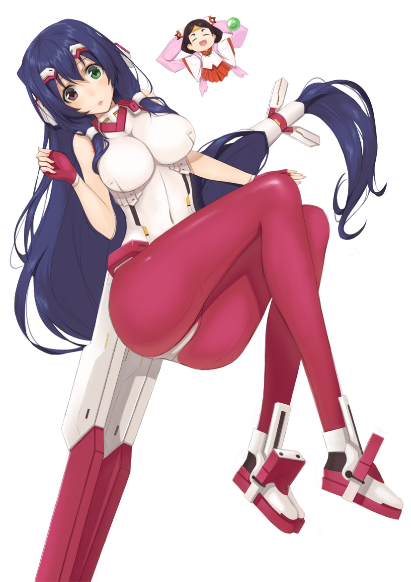 asama_tomo, bodysuit, breasts, fingerless_gloves, gloves, green_eyes, hair_tubes, hanami_(horizon), heterochromia, kyoukai_senjou_no_horizon, large_breasts, legs, long_hair, long_legs, minigirl, pantyhose, purple_hair, red_eyes, skin_tight, thighs, very_long_hair