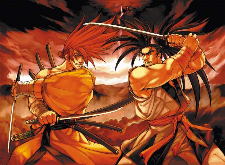 bandage, battle, black_hair, dougi, dual_wielding, hair_over_one_eye, hakama, haohmaru, haoumaru, highres, japanese_clothes, katana, long_hair, male, muscle, official_art, ponytail, promotional_art, red_hair, redhead, samurai, samurai_spirits, scabbard, sheath, snk, sword, takkun_(snk), tokugawa_yoshitora, weapon