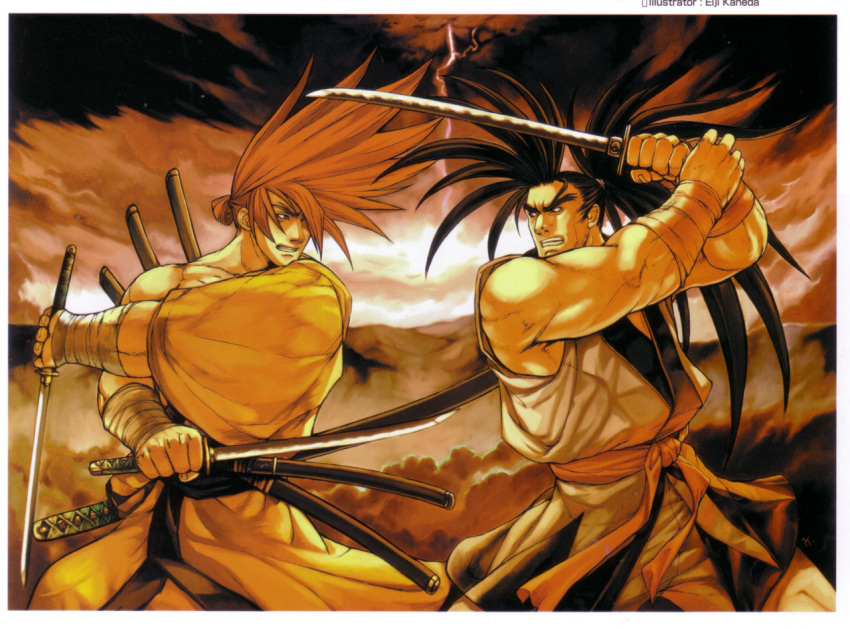 artbook, bandage, bandages, battle, black_hair, dougi, dual_wielding, hair_over_one_eye, hakama, haohmaru, haoumaru, highres, japanese_clothes, katana, long_hair, male, muscle, official_art, ponytail, promotional_art, red_hair, redhead, samurai_spirits, scabbard, scan, sheath, snk, sword, takkun_(snk), tokugawa_yoshitora, weapon