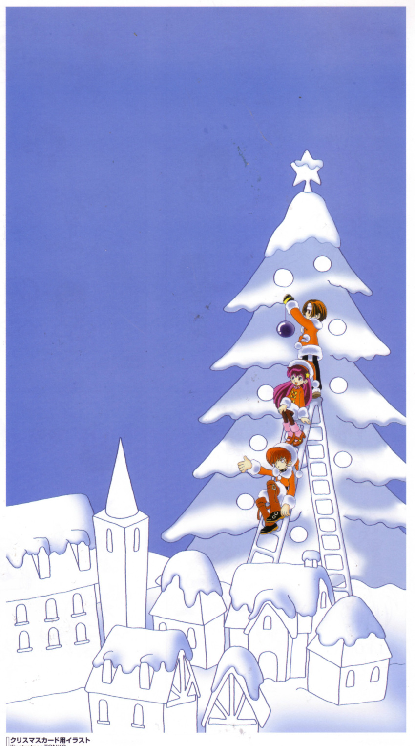2boys, artbook, asamiya_athena, chibi, christmas_tree, hat, highres, king_of_fighters