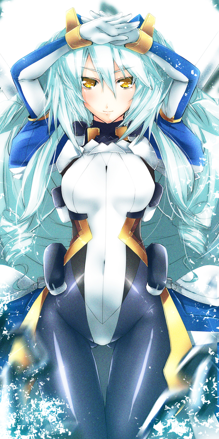 arms_up, bad_id, blue_hair, bodysuit, drill_hair, erobouzu, highres, kyoukai_senjou_no_horizon