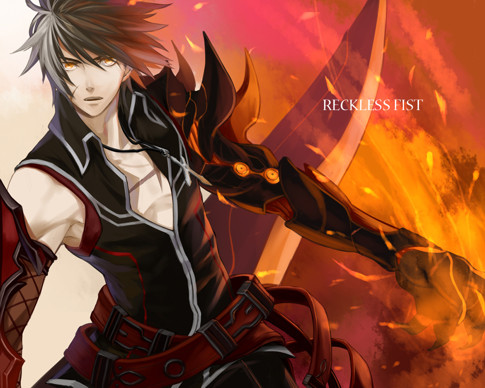 aquacrown000, belt, black_hair, elsword, gloves, male, multicolored_hair, raven_(elsword), shirt, silver_hair, sleeveless, sleeveless_shirt, solo, two-tone_hair, yellow_eyes